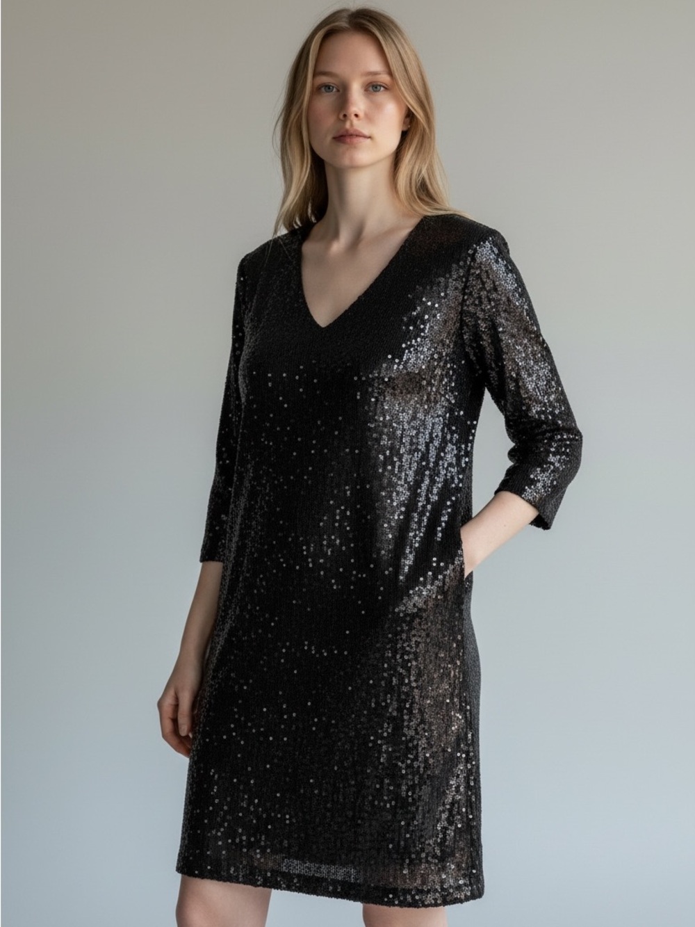 Donna Morgan Sequined V-Neck Cocktail Dress - Black
